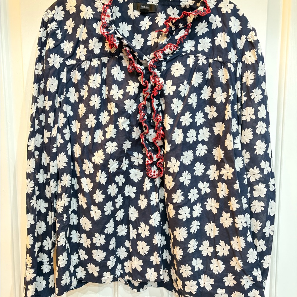 J Crew Embroidered ruffle blouse in daisy print. Women’s Medium. EUC